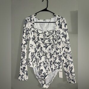 Black and White Asymmetrical Ruched Bodysuit